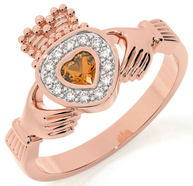 Diamond Citrine Rose Gold Silver Claddagh Ring