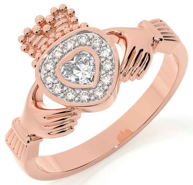 Diamond Rose Gold Silver Claddagh Ring