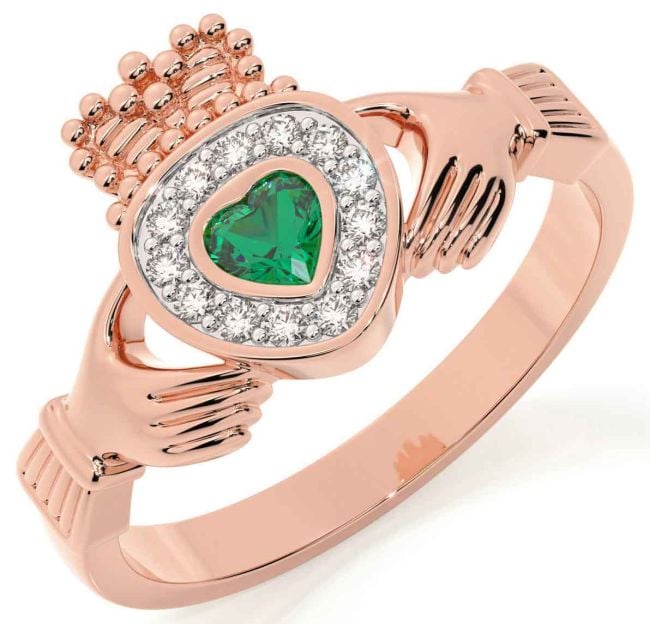 Diamond Emerald Rose Gold Silver Claddagh Ring