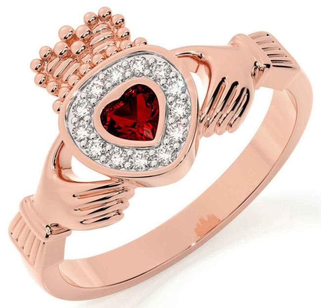 Diamond Garnet Rose Gold Silver Claddagh Ring