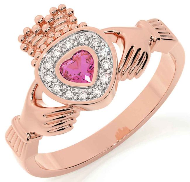 Diamond Pink Tourmaline Rose Gold Silver Claddagh Ring
