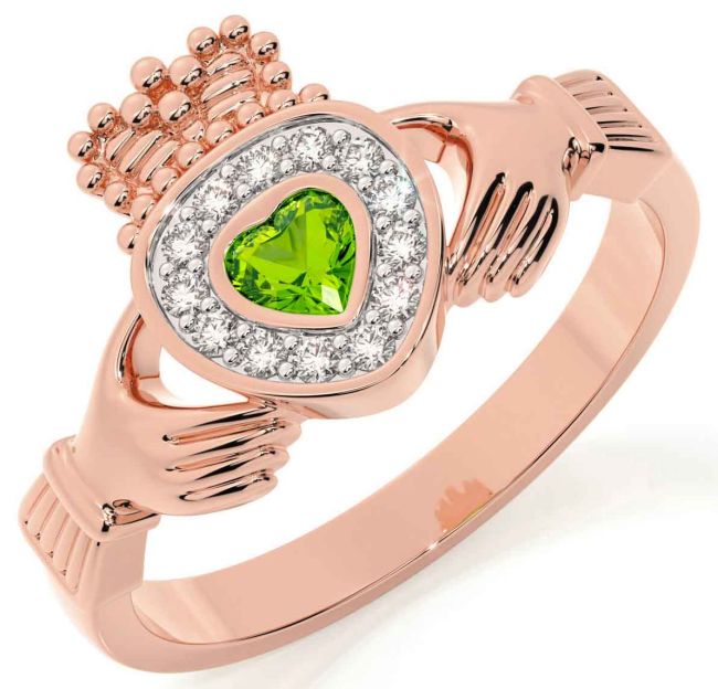 Diamond Peridot Rose Gold Silver Claddagh Ring