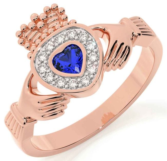 Diamond Sapphire Rose Gold Silver Claddagh Ring