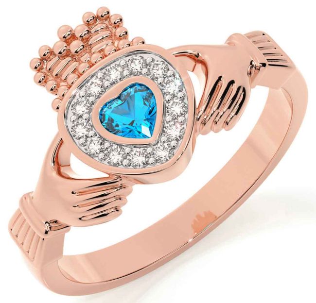 Diamond Topaz Rose Gold Silver Claddagh Ring