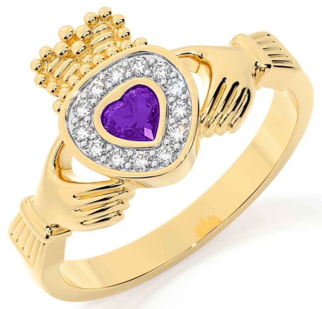 Diamond Amethyst Gold Silver Claddagh Ring