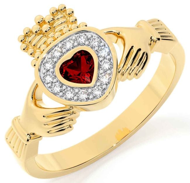 Diamond Garnet Gold Silver Claddagh Ring