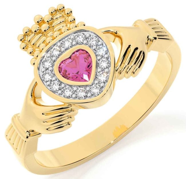 Diamond Pink Tourmaline Gold Silver Claddagh Ring