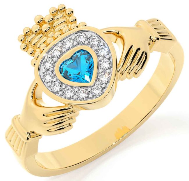 Diamond Topaz Gold Silver Claddagh Ring