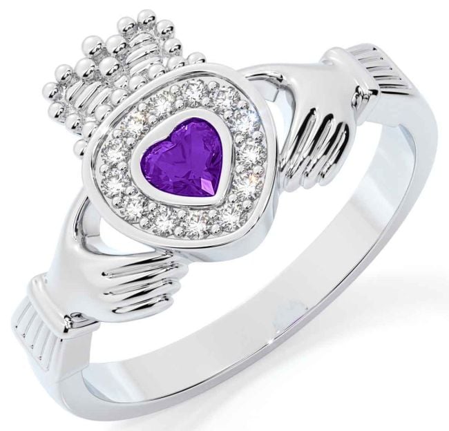 Diamond Amethyst Silver Claddagh Ring