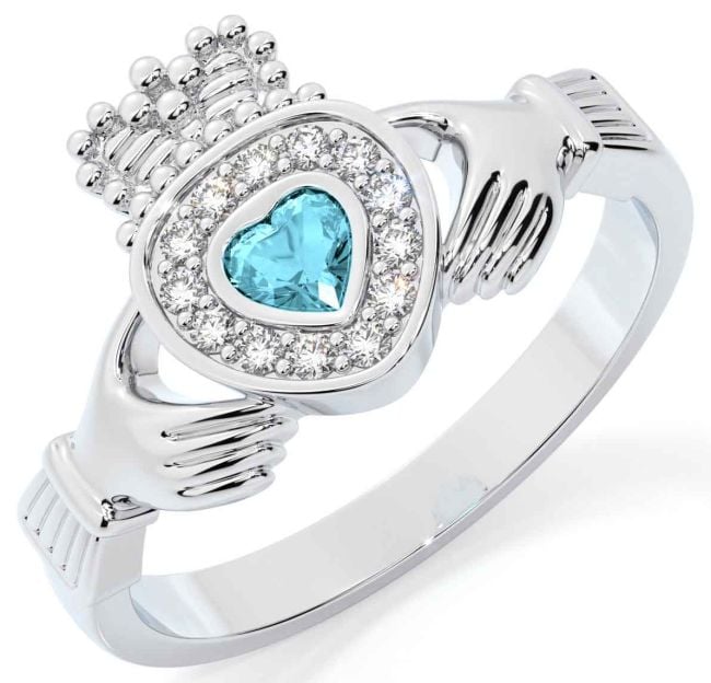 Diamond Aquamarine Silver Claddagh Ring