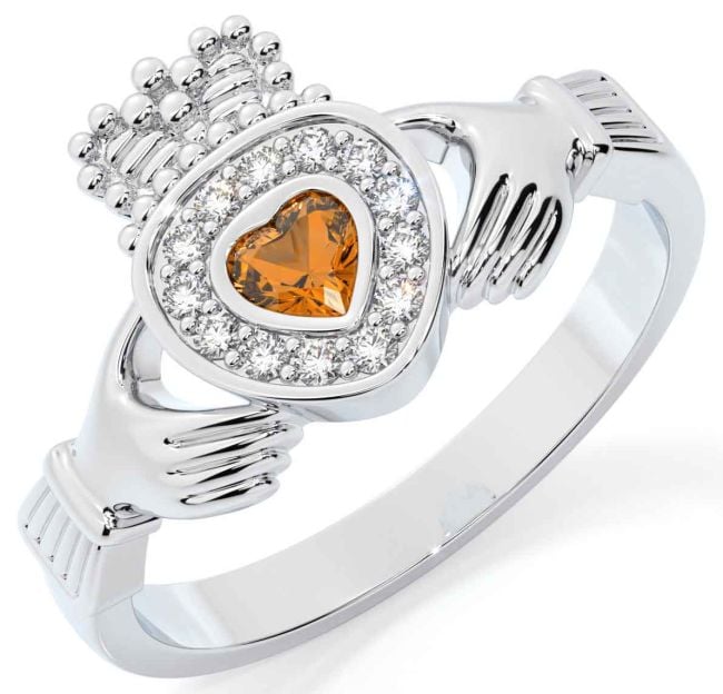 Diamond Citrine Silver Claddagh Ring