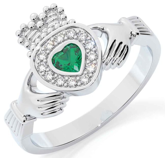 Diamond Emerald Silver Claddagh Ring