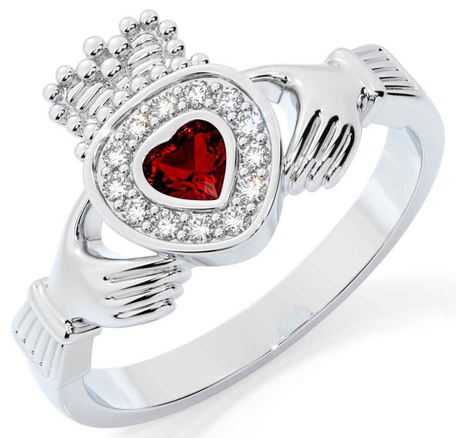 Diamond Garnet Silver Claddagh Ring