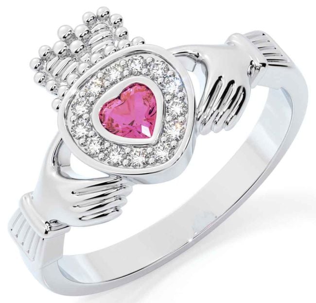 Diamond Pink Tourmaline Silver Claddagh Ring