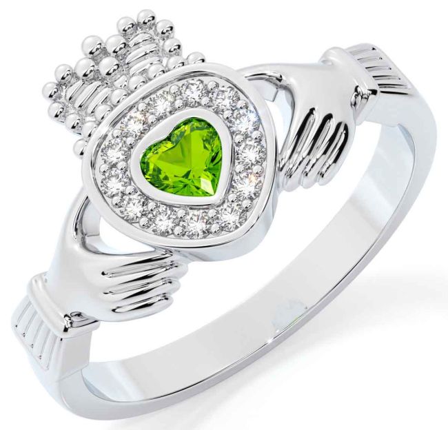 Diamond Peridot Silver Claddagh Ring