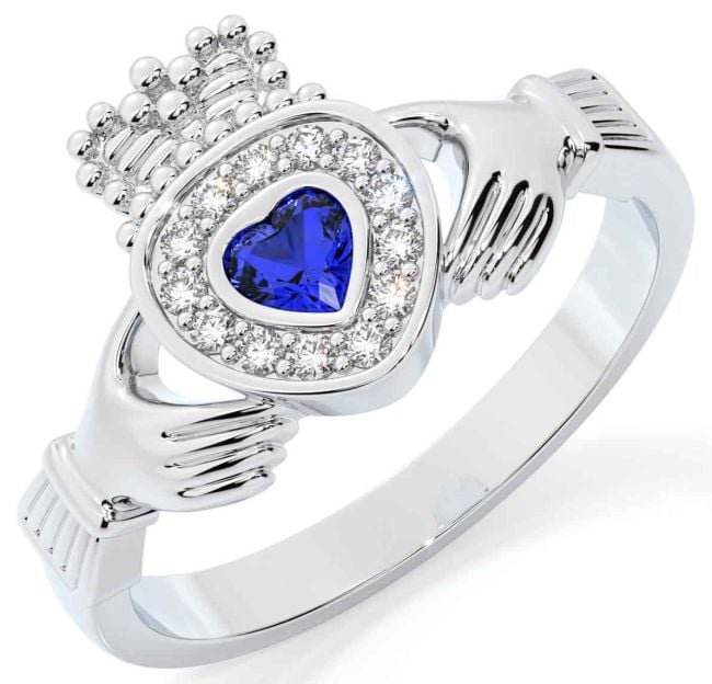 Diamond Sapphire Silver Claddagh Ring