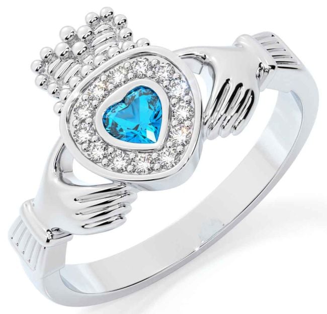 Diamond Topaz Silver Claddagh Ring