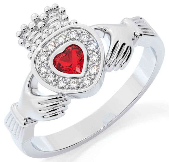 Diamond Ruby White Gold Claddagh Ring