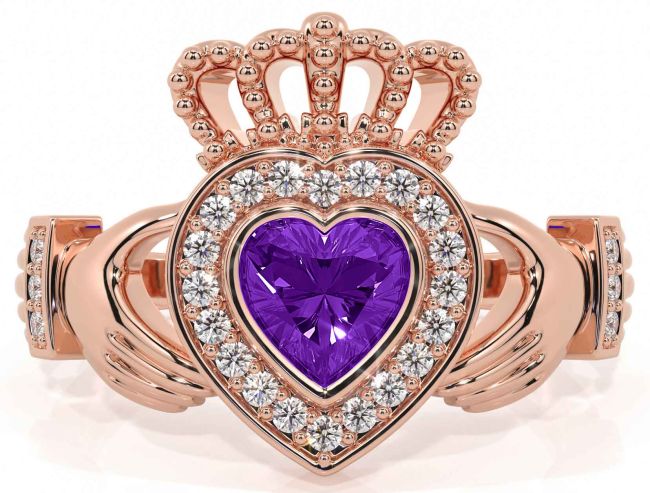 Diamond Amethyst Rose Gold Silver Claddagh Ring