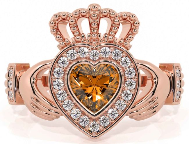 Diamond Citrine Rose Gold Silver Claddagh Ring