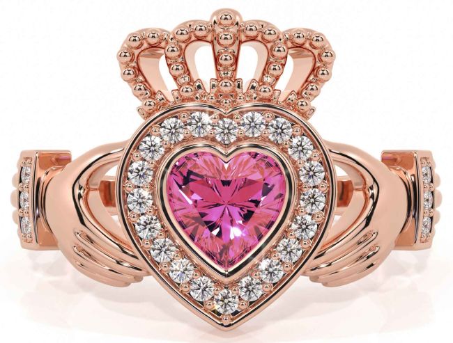 Diamond Pink Tourmaline Rose Gold Silver Claddagh Ring