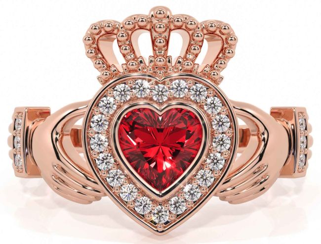 Diamond Ruby Rose Gold Silver Claddagh Ring