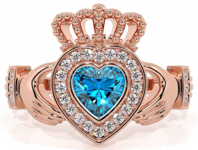 Diamond Topaz Rose Gold Silver Claddagh Ring