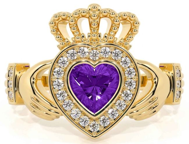 Diamond Amethyst Gold Silver Claddagh Ring