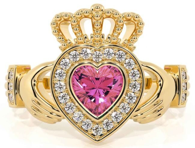 Diamond Pink Tourmaline Gold Silver Claddagh Ring