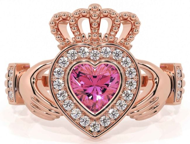 Diamond Pink Tourmaline Rose Gold Claddagh Ring