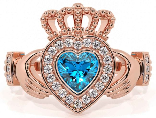 Diamond Topaz Rose Gold Claddagh Ring