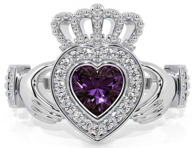 Diamond Alexandrite Silver Claddagh Ring