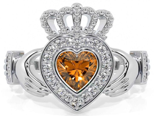 Diamond Citrine Silver Claddagh Ring