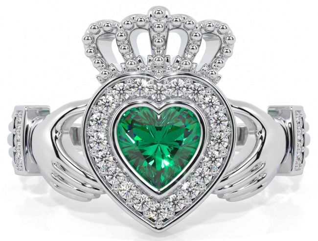 Diamond Emerald Silver Claddagh Ring