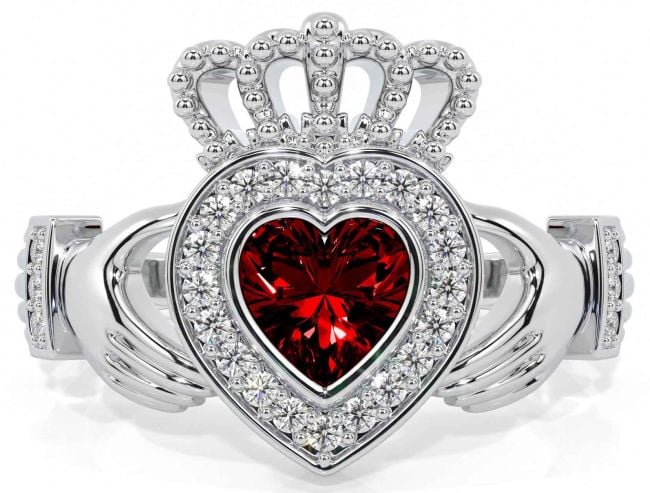 Diamond Garnet Silver Claddagh Ring