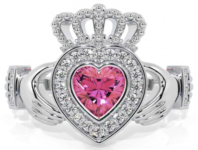 Diamond Pink Tourmaline Silver Claddagh Ring