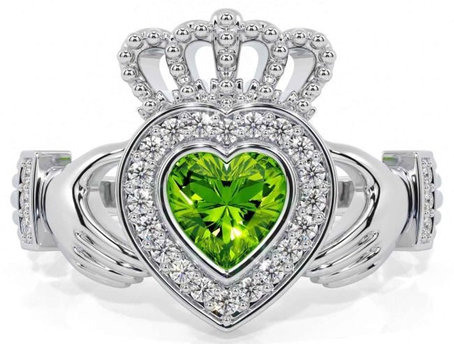 Diamond Peridot Silver Claddagh Ring