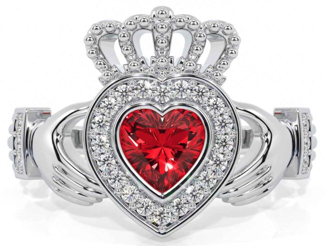 Diamond Ruby Silver Claddagh Ring