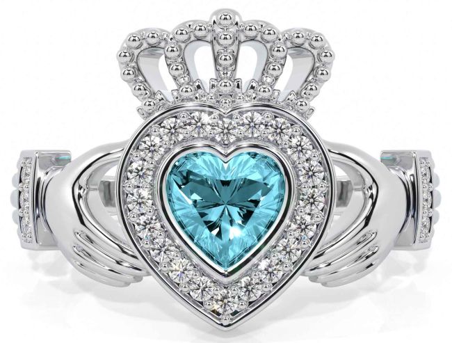 Diamond Aquamarine White Gold Claddagh Ring