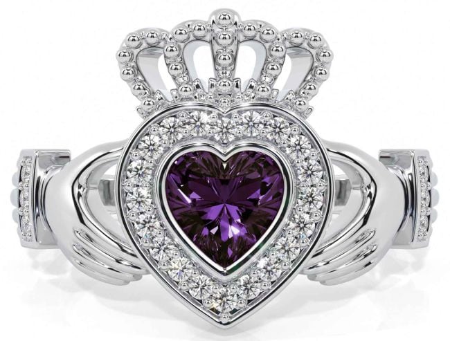 Diamond Alexandrite White Gold Claddagh Ring