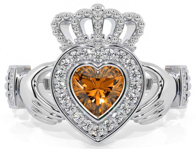 Diamond Citrine White Gold Claddagh Ring