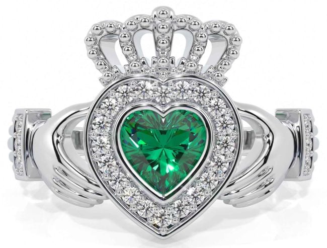 Diamond Emerald White Gold Claddagh Ring