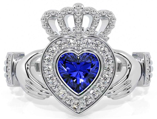 Diamond Sapphire White Gold Claddagh Ring