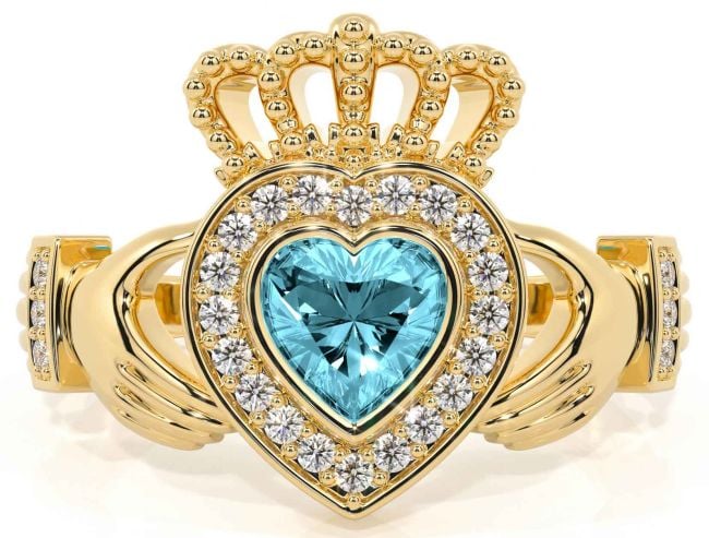 Diamond Aquamarine Gold Claddagh Ring