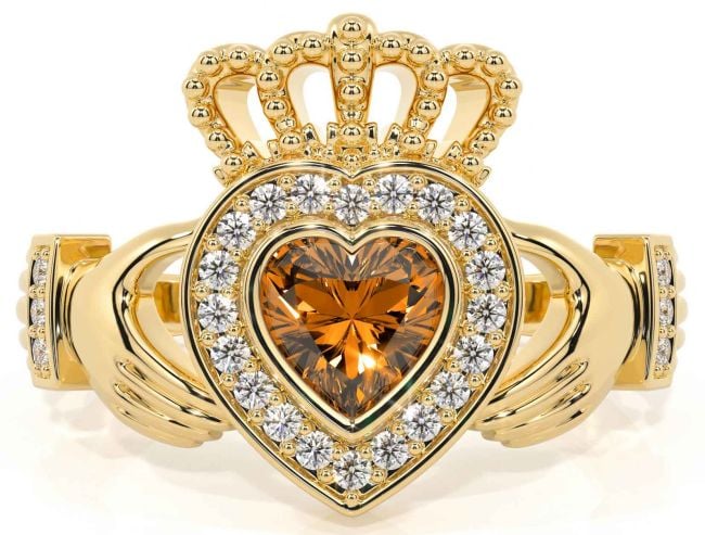 Diamond Citrine Gold Claddagh Ring