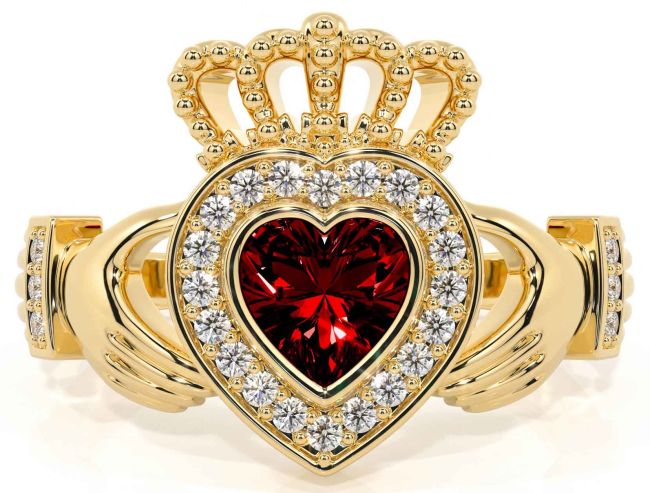 Diamond Garnet Gold Claddagh Ring