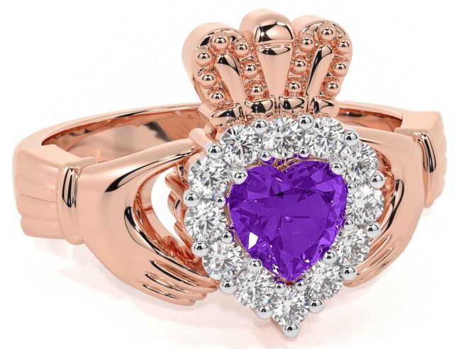 Diamond Amethyst Rose Gold Silver Claddagh Ring