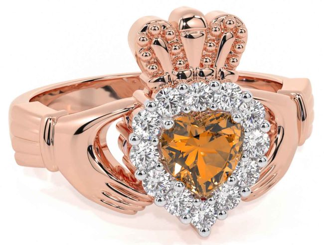 Diamond Citrine Rose Gold Silver Claddagh Ring