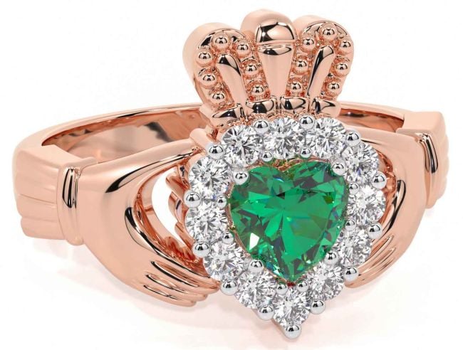 Diamond Emerald Rose Gold Silver Claddagh Ring