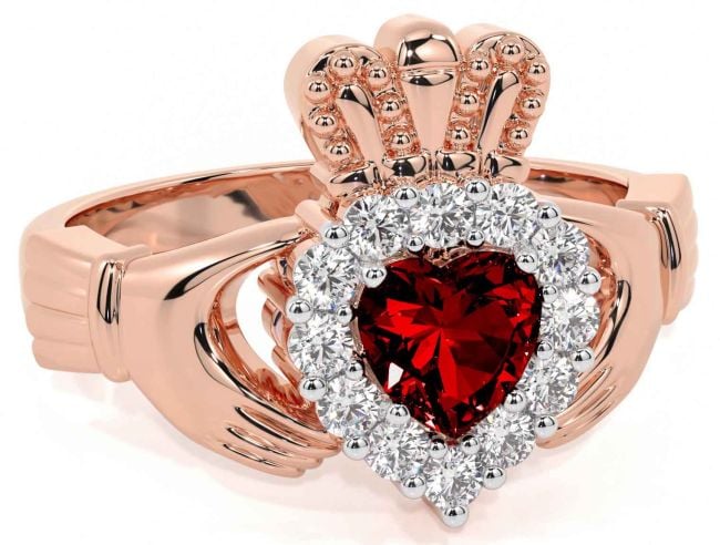 Diamond Garnet Rose Gold Silver Claddagh Ring